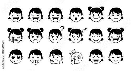 A collection of cute cartoon girl face icons, emoticons, and emojis showing a wide range of facial expressions in a simple black and white line art style.