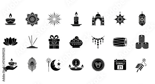 Diwali celebration icon set featuring diya lamps, fireworks burst, rangoli, sweets, and traditional rituals. Indian holiday including puja, gifts, firecrackers, vector illustration.