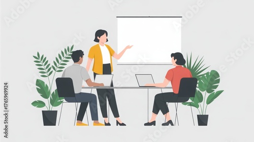 Illustration of business or educational meeting with three people discussing around table. One person presenting at whiteboard in modern collaborative setting.