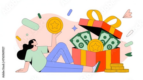 Stylized illustration of person with gold coin sitting near open gift box filled with money. Conceptual image for financial rewards, bonuses or prize campaigns.