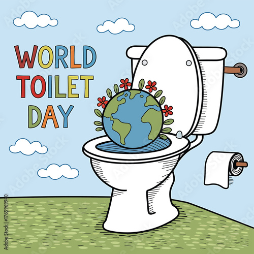 Vector art of world toilet day illustration with the earth sitting in a toilet bowl, symbolizing global sanitation awareness and the importance of clean water for everyone