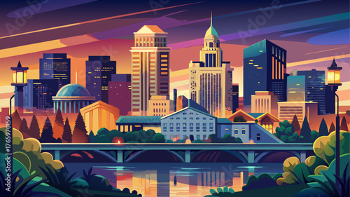 Very beautiful aerial view of Fresno, California skyline at dusk, glowing under golden hour light with dreamy bokeh effects, modern buildings, and a calm evening city atmosphere.