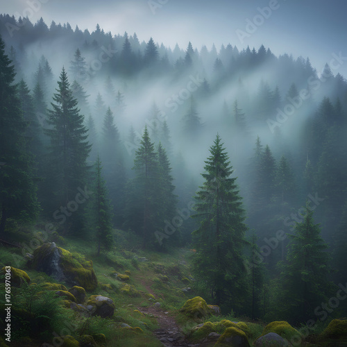 Misty Morning in a Pine Forest