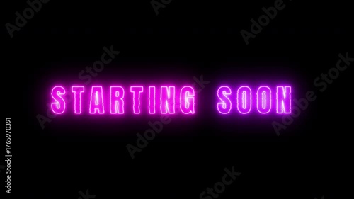Starting soon vibrant cyberpunk glowing text with glitch effect, neon purple lettering against a black background. 4k video