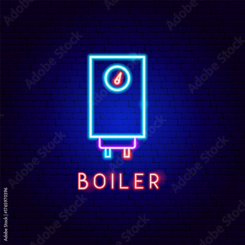 Water Hot Boiler Neon Label. Vector Illustration of Bright Plumber Object in Glowing Style With Typography. Heat Led Lamp Icon over Dark Blue Brick Background.