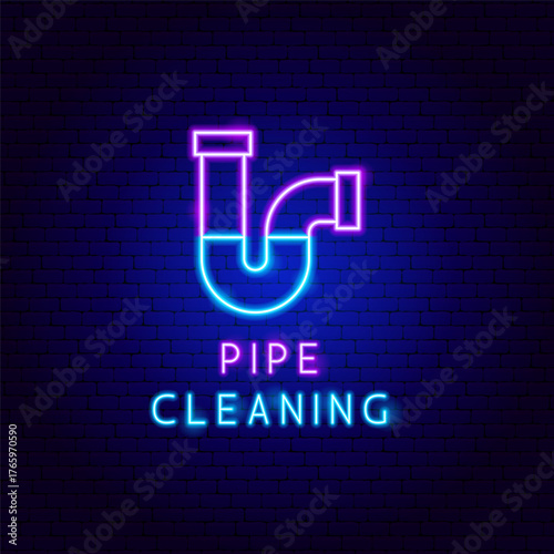Unclogging Pipe Neon Label. Vector Illustration of Bright Plumber Object in Glowing Style with Typography. Plumbing Service Water Led Lamp Icon over Dark Blue Brick Background.