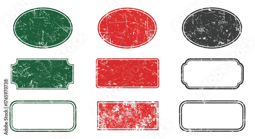 Grunge distressed blank oval and rectangular frames with textured borders, perfect for vintage labels and graphic design elements