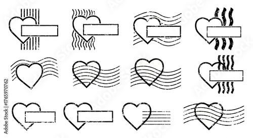 Collection of stylized heart shapes with postage stamp elements, perfect for romantic themes and heartfelt designs