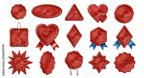 Collection of red wax seals, showcasing various shapes and designs, perfect for adding a classic and elegant touch to documents, invitations, and packages