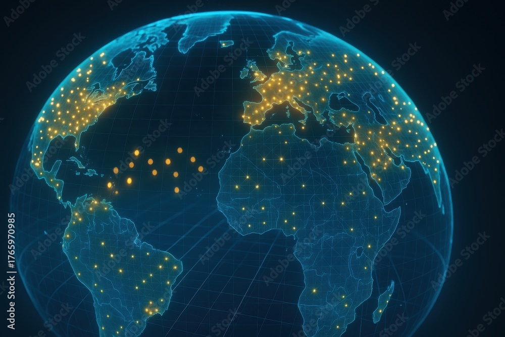 Naklejka premium A glowing blue wireframe globe displaying the world's continents and cities.
