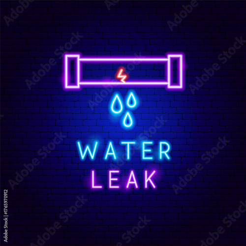 Leaking Pipe Neon Label. Vector Illustration of Bright Plumber Object in Glowing Style with Typography. Led Lamp Water Drip Icon over Dark Blue Brick Background.
