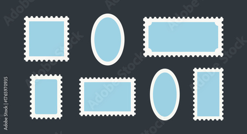 Collection of different shapes and sizes of light blue postage stamps on a dark gray background