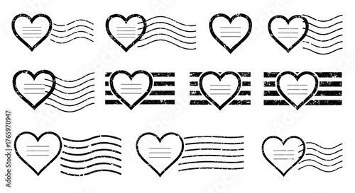 Graphic vector set of distressed heart-shaped postmark designs with grunge cancellation marks, ideal for romantic correspondence, digital stationery, and vintage decorative embellishments
