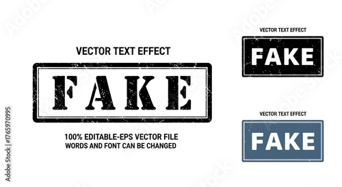 Vector text effect featuring the word FAKE in a distressed stamp style, editable and scalable for various design applications