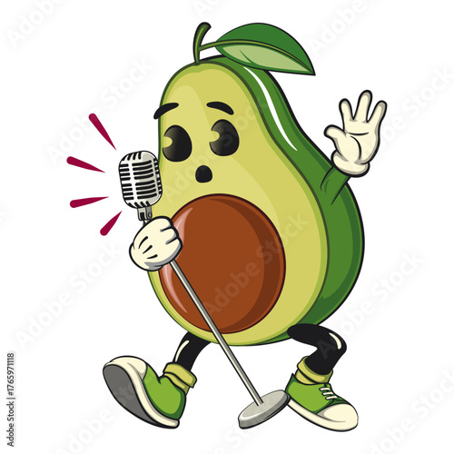 cute avocado mascot cartoon vector illustration sing earnestly with maximum style, healthy food concept, isolated funny fruit design for logo, kids, and nutrition themes, work of hand drawn