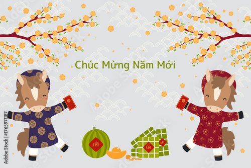 2026 Lunar New Year Tet cute horses, rice cakes, watermelon, gold, apricot blossoms, Vietnamese text Happy New Year. Hand drawn flat vector illustration. Holiday design, card. Cartoon character