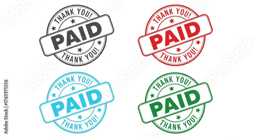 Four circular stamps in different colors with the word PAID and THANK YOU imprinted, indicating a completed transaction