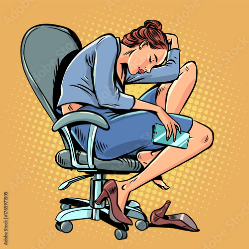 Pop Art Retro A woman sleeps on a chair in the office. Overtime at work leads to sleepiness. The company employee is resting.