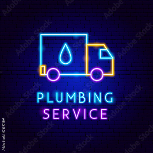 Plumbing Service Car Neon Label. Vector Illustration of Bright Plumber Object in Glowing Style with Typography. Water Drip Led Lamp Icon over Dark Blue Brick Background.