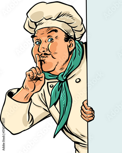 Pop Art Retro The chef signals for quiet. New food delivery menu. The secret ingredient in the restaurant's food.