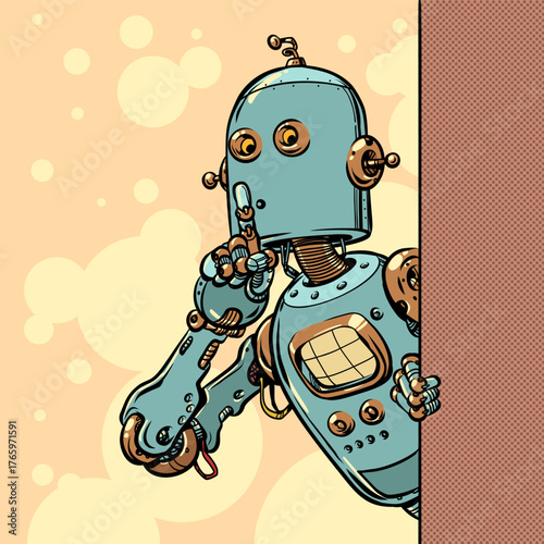 Pop Art Retro A robot shows a sign to be quiet. Secrets of AI and personal data theft. Business automation technologies.