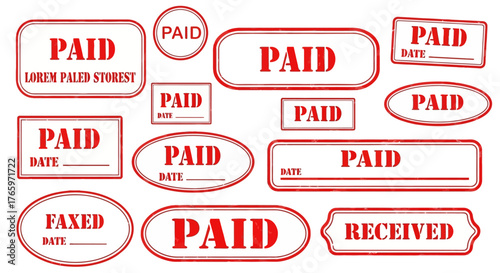 Collection of red grunge rubber stamps with Paid, Received, and Faxed text. Vector illustration set for business and office documents