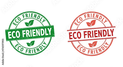 Set of two distinct eco friendly circular vector stamps, featuring green and red designs with natural leaf elements and a textured grunge style, ideal for sustainable product labels, 