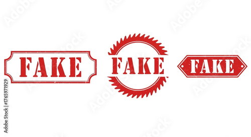 A collection of three red vector rubber stamp imprints with the word FAKE, featuring distressed and grunge textures