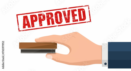 Official confirmation concept with a hand in a suit sleeve pressing a rubber stamp that leaves an approved imprint