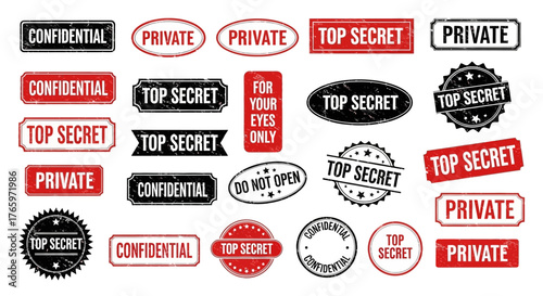 Collection of various classified and top secret rubber stamps in red and black on a white background