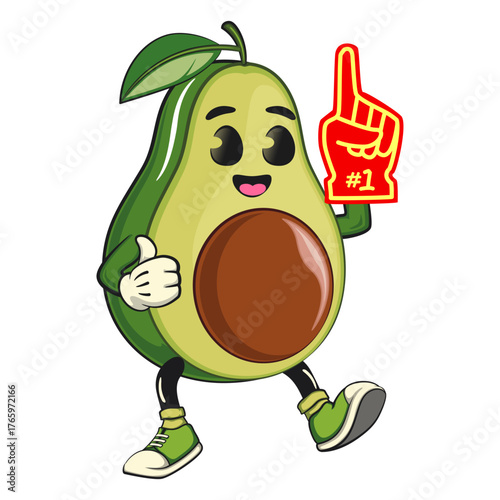 cute avocado mascot cartoon vector illustration raise foam finger, healthy food concept, isolated funny fruit design for logo, kids, and nutrition themes, work of hand drawn