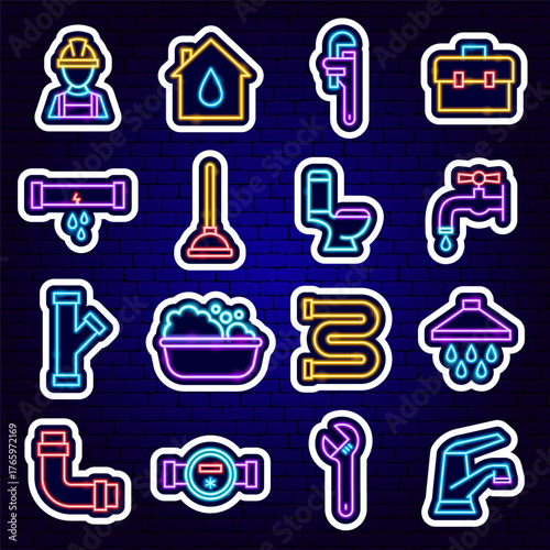Plumbing Neon Stickers. Vector Illustration of Bright Plumber Signs in Modern Glowing Style. Led Lamp Pipe, Faucet, Wrench, Toilet, Sink Symbols. 
