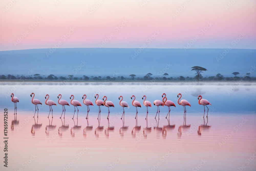 Fototapeta premium Flamingos stehen in perfekter Formation vor dem Kilimandscharo, spiegeln sich im Wasser