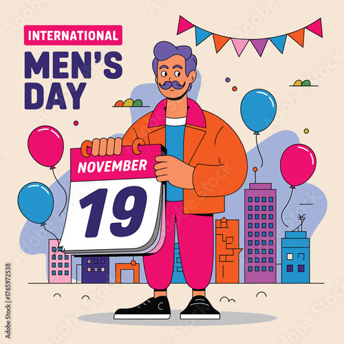 Vector art of international mens day celebration with a man holding a calendar showing november 19th, balloons, and city skyline in the background, festive illustration