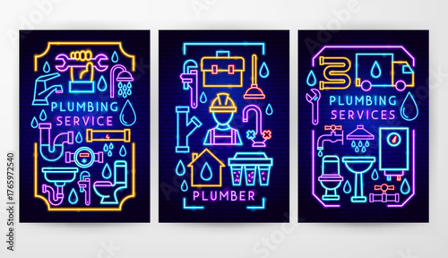 Plumbing Service Flyer Concepts. Vector Illustration of Bright Plumber Signs in Modern Glowing Style. Promotional Poster Concept. Led Lamp Pipe, Faucet, Wrench, Toilet over Dark Brick Blue Background