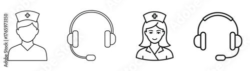 Vector art of medical support icons, featuring a nurse and headset, symbolizing healthcare assistance, customer service, and telecommunications in medicine on transparent background