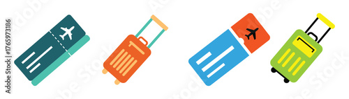 Vector art of colorful travel icons depicting airplane tickets and suitcases, symbolizing vacation, tourism, and journey experiences for travelers on transparent background