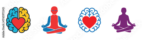 Vector art of mindfulness and emotional balance icons, showing brain and heart connection for mental health and wellbeing promotion on transparent background