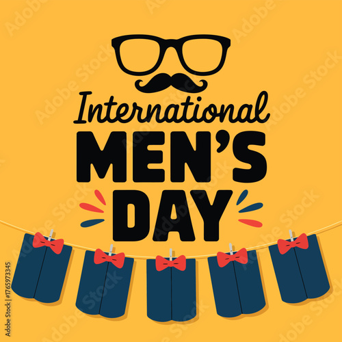 Vector art of international mens day celebration with festive decorations including bow ties and glasses, symbolizing masculinity and style
