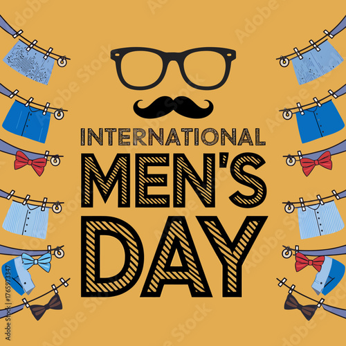 Vector art of international mens day graphic design featuring a variety of mens clothing items like shorts, shirts, and bow ties on a clothesline