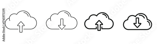Vector art of cloud computing icons showing upload and download symbols, representing data transfer and storage in a digital network on transparent background