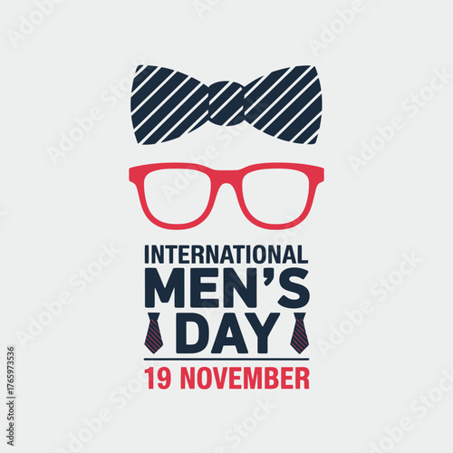 Vector art of international mens day graphic with bow tie, glasses, and date, celebrating men on november 19th