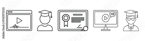 Vector art of online education icons featuring graduation and learning symbols, representing elearning and academic achievement on transparent background