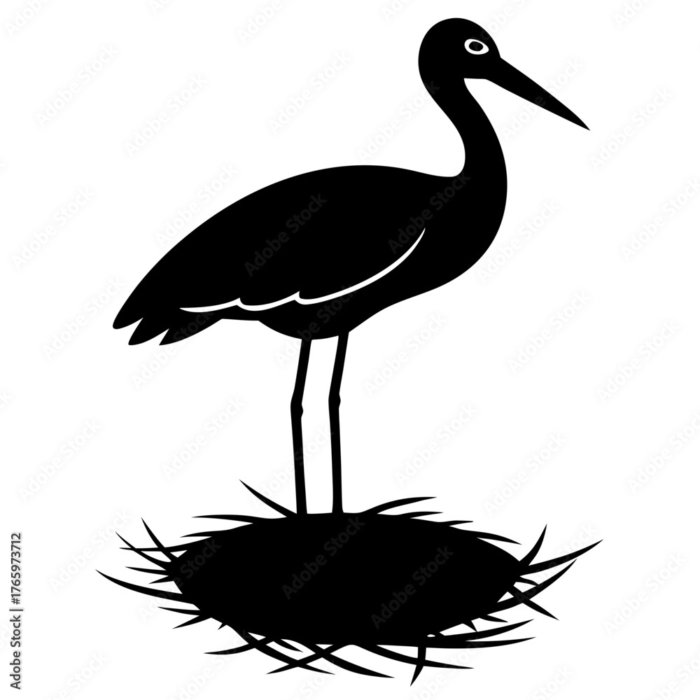 Fototapeta premium A minimalist silhouette of a stork with its head tilted down into a nest, as if tending to eggs or chicks.