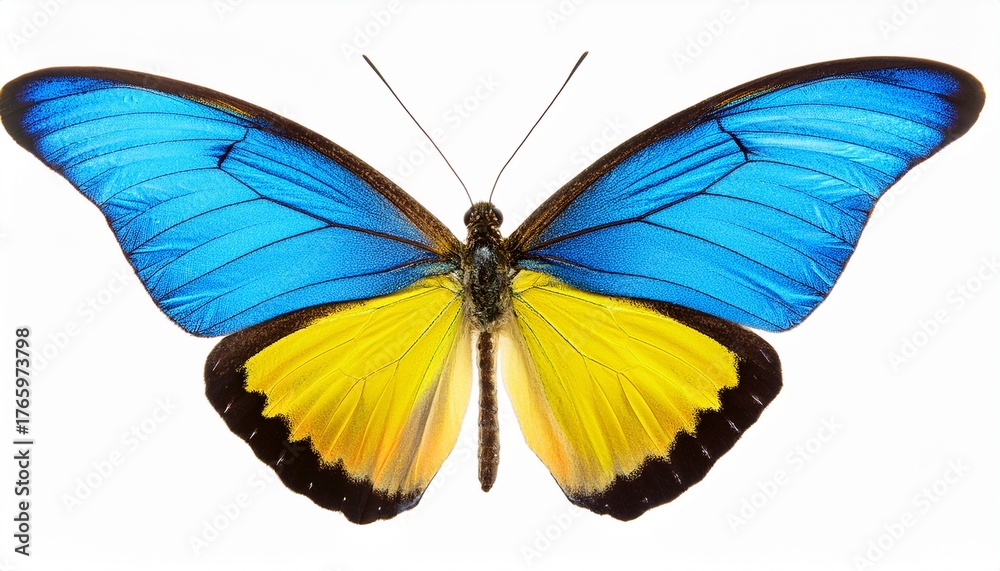 Obraz premium very beautiful light blue yellow butterfly with spread wings isolated on a white background