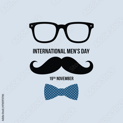 Vector art of international mens day illustration featuring glasses, mustache, and bow tie with date 19th november, isolated on a light blue background