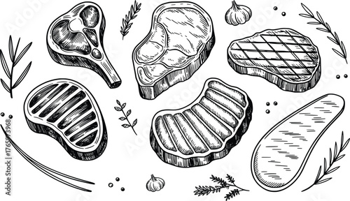 Vintage Hand-Drawn Steak Cuts Illustration with Herbs.