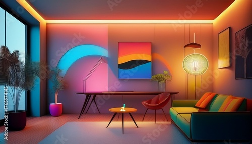 mid century modern interior design room with beautiful lightning generative ai