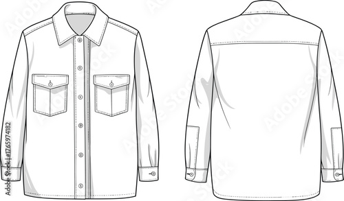 Detailed long sleeve shirt technical sketch, front and back views, fashion cad drawing, flat vector apparel design, stylish top layout