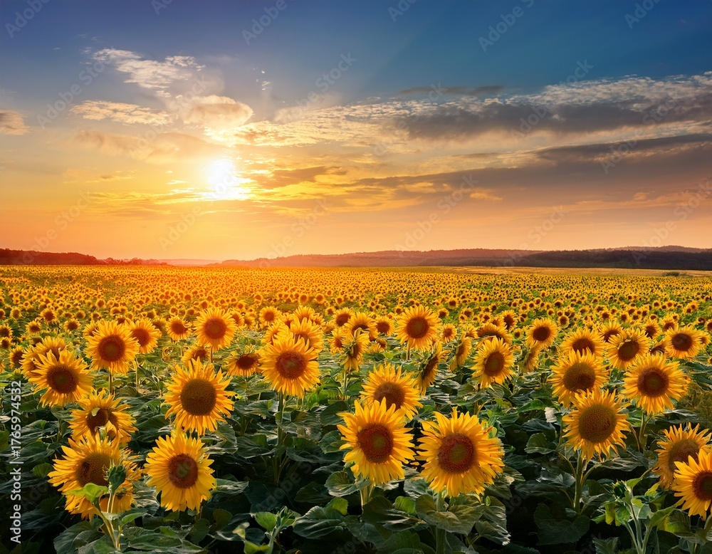 Obraz premium evening sun dawn sunflowers growing on the agricultural field